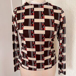 Vtg 70s 80s 90s Mod Geometric Brown Cream stretch long sleeve shirt women med sm